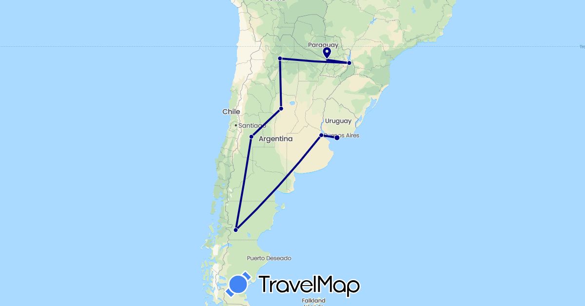 TravelMap itinerary: driving in Argentina, Paraguay, Uruguay (South America)
