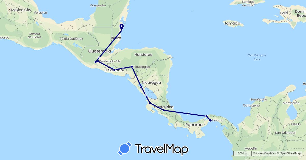 TravelMap itinerary: driving in Belize, Costa Rica, Guatemala, Honduras, Nicaragua, Panama, El Salvador (North America)