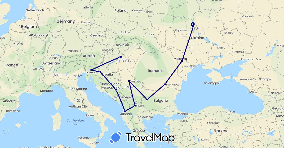TravelMap itinerary: driving in Albania, Bosnia and Herzegovina, Bulgaria, Croatia, Hungary, Moldova, Montenegro, Macedonia, Romania, Slovenia, Kosovo (Europe)