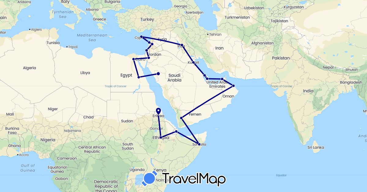 TravelMap itinerary: driving in United Arab Emirates, Bahrain, Cyprus, Djibouti, Egypt, Eritrea, Ethiopia, Israel, Iraq, Jordan, Kuwait, Lebanon, Oman, Qatar, Saudi Arabia, Somalia, Syria, Yemen (Africa, Asia)