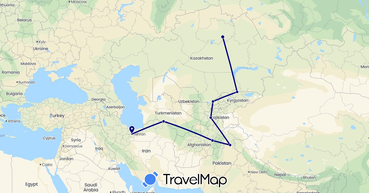 TravelMap itinerary: driving in Afghanistan, Kyrgyzstan, Kazakhstan, Pakistan, Turkmenistan, Uzbekistan (Asia)
